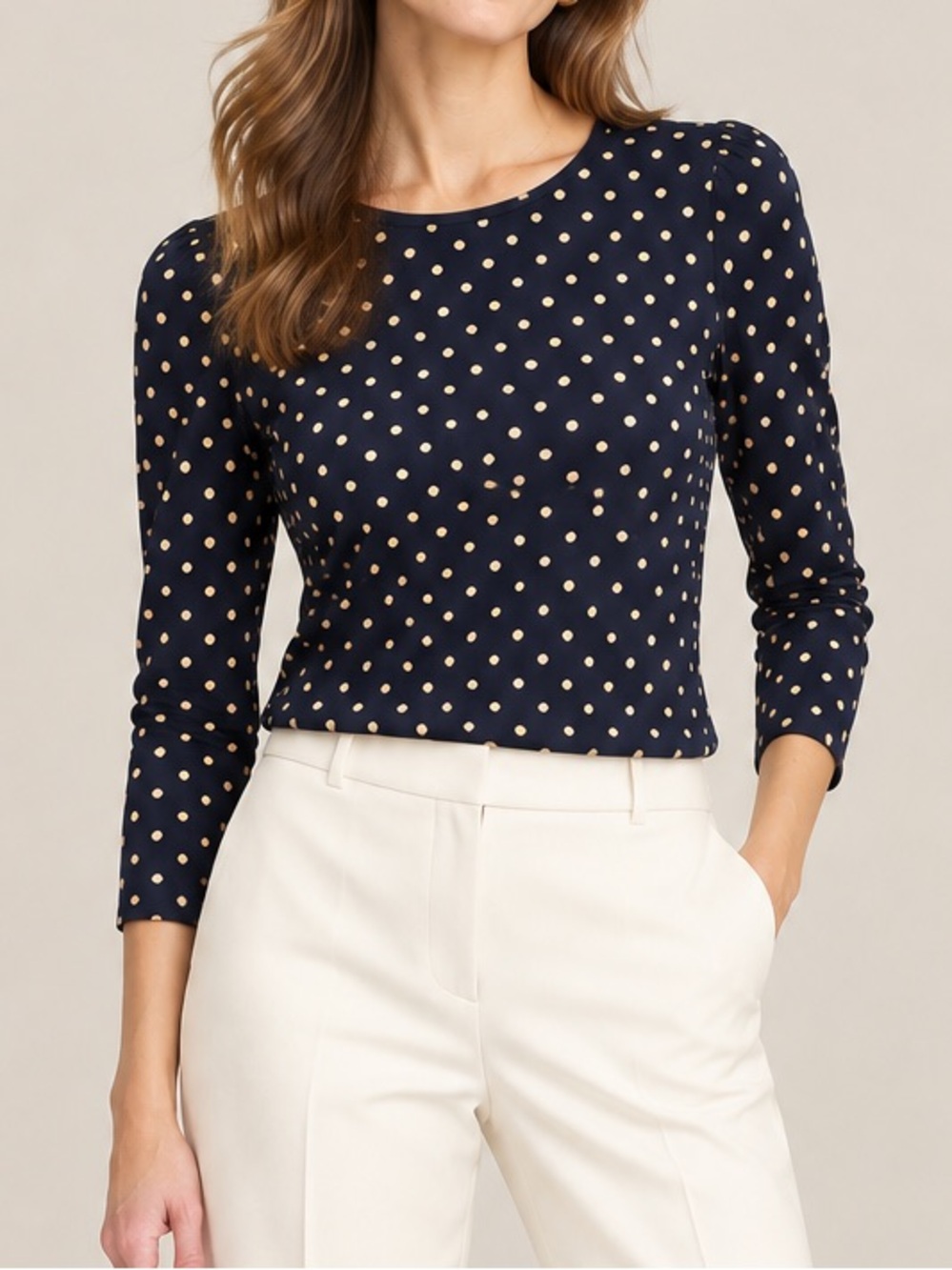 Ann Taylor Navy & Tan Polka Dot Long Sleeve T-Shirt Top, Small